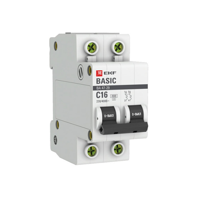 Автоматич. выключатель 2Р 16А C 4.5кА mcb4729-2-16C EKF Basic