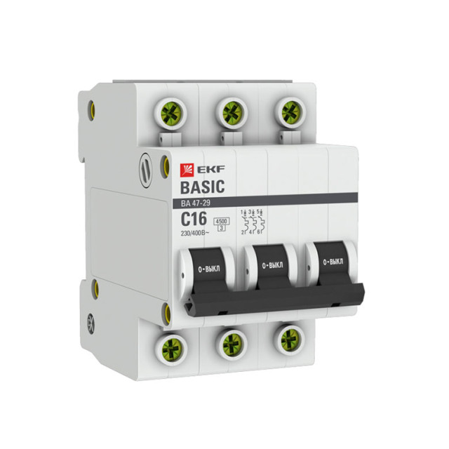 Автоматический выключатель EKF Basic mcb4729-3-16C 3Р 16А (C) 4.5кА