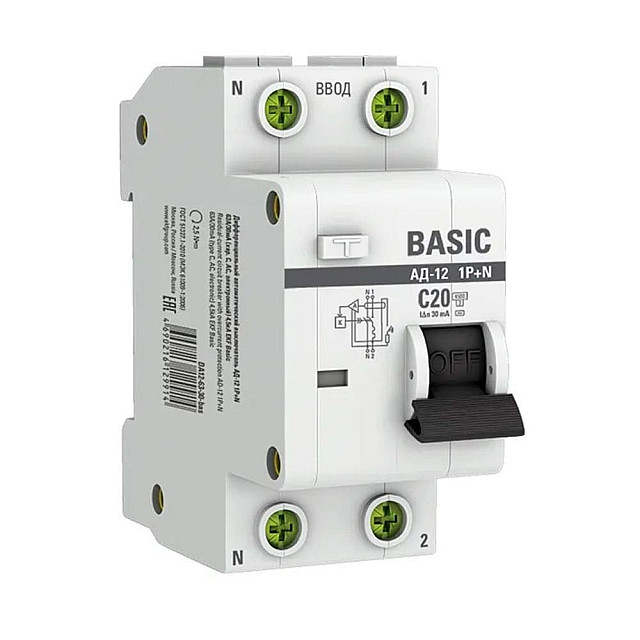 Автоматический выключатель дифференциального тока EKF Basic АД-12 DA12-20-30-bas 1P+N 20А 30мА тип АС х-ка C 4.5кА