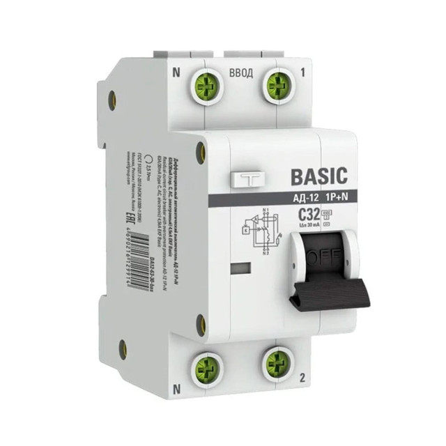 Автоматический выключатель дифференциального тока EKF Basic АД-12 DA12-32-30-bas 1P+N 32А 30мА тип АС х-ка C 4.5кА