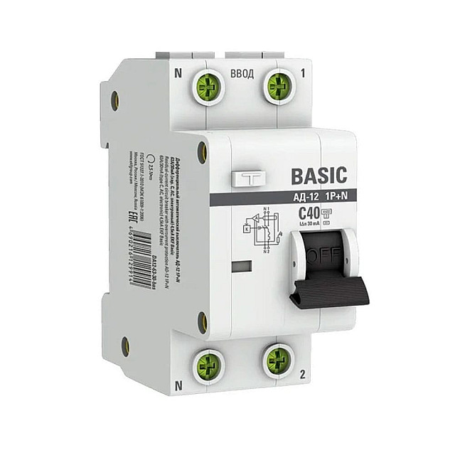 Автоматический выключатель дифференциального тока EKF Basic АД-12 DA12-40-30-bas 1P+N 40А 30мА тип АС х-ка C 4.5кА