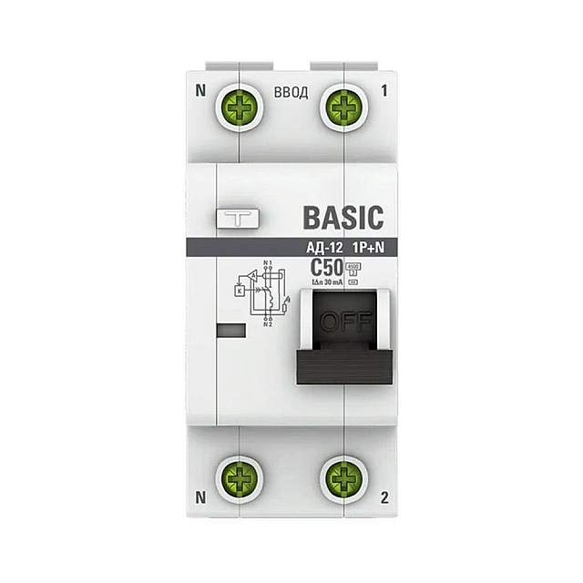 Автоматический выключатель дифференциального тока EKF Basic АД-12 DA12-50-30-bas 1P+N 50А 30мА тип АС х-ка C 4.5кА