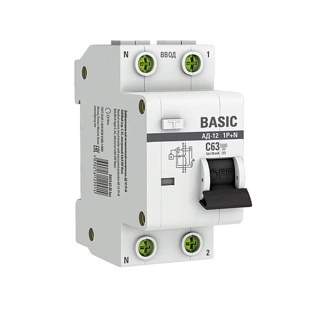 Автоматический выключатель дифференциального тока EKF Basic АД-12 DA12-63-30-bas 1P+N 63А 30мА тип АС х-ка C 4.5кА