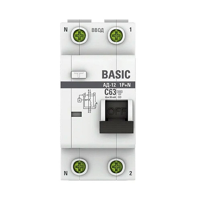 Автоматический выключатель дифференциального тока EKF Basic АД-12 DA12-63-30-bas 1P+N 63А 30мА тип АС х-ка C 4.5кА