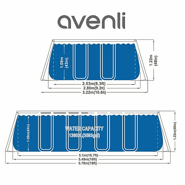 Бассейн каркасный Avenli 12147RU прямоугольный с усиленной рамой 549*280*122 см 13603 л