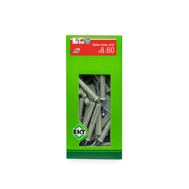 Дюбель быстрого монтажа ЕКТ BW000016 8*60 мм с гвоздевым шурупом потай нейлон 75 шт