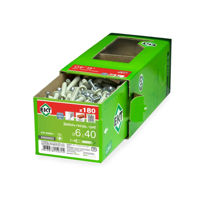 Дюбель-гвоздь ЕКТ GL 6*40 гриб нейлон в коробке с окном 180 шт