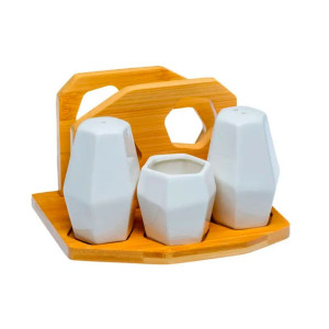 Набор для специй фарфоровый на бамбуковой подставке 4 предмета 16.5х15х11см: солонка, перечница, салфетница, подставка для зубочисток