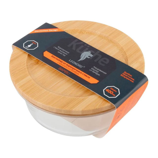 Контейнер Leonord Bambu 106023 из жаропрочного стекла с крышкой из бамбука круглый 400 мл