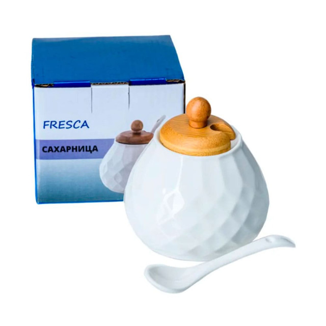 Сахарница Fresca PJ02196-A код 273751 фарфор/бамбук с ложкой 9*9*9.5 см 300 мл