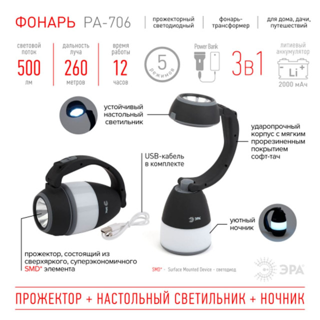 Фонарь Эра PA-706 Б0042661 трансформер прожекторный 3 в 1