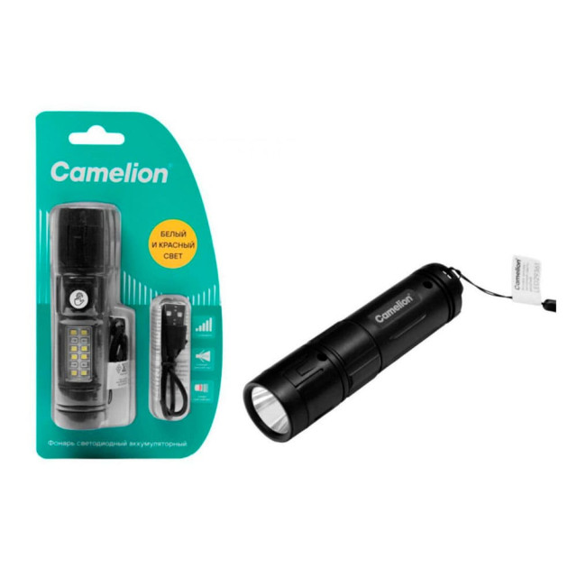Фонарь ручной Camelion LED29361 16035 аккумуляторный 3.7В LED+8SMD+4RED 1.5Вт 7 режимов Type-C черный