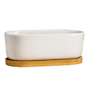 Кашпо керамическое с деревянной подставкой Эко Бонсай 17х9х6см