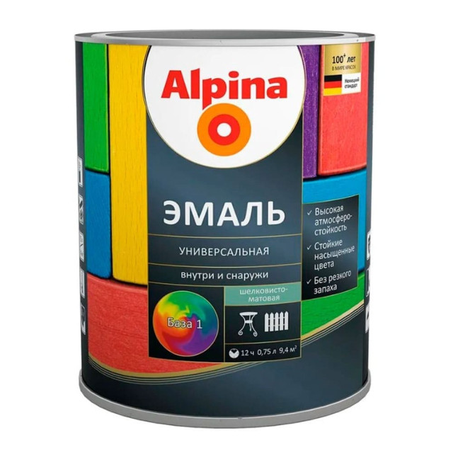 Эмаль универсальная Alpina База 1 шелковисто-матовая белая 0.8 кг