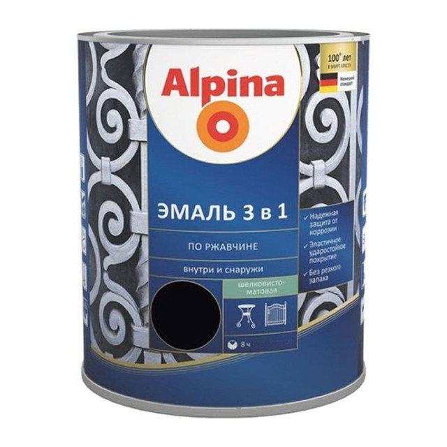 Эмаль Alpina по ржавчине 3 в 1 RAL9005 черная 2 кг