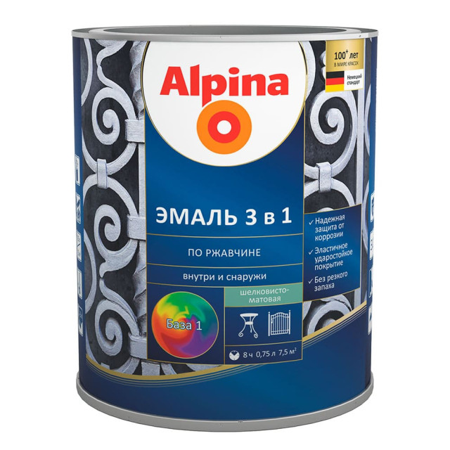 Эмаль Alpina по ржавчине 3 в 1 База 1 белая 0.75 л