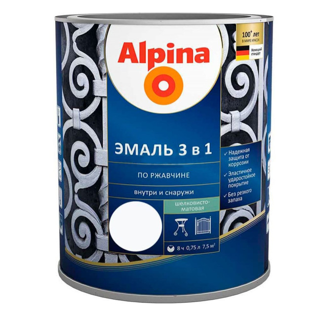 Эмаль Alpina по ржавчине 3 в 1 RAL9003 белая 0.75 л