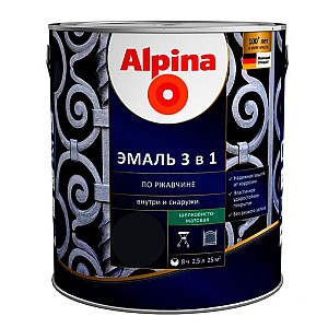 Эмаль Alpina по ржавчине 3 в 1 RAL9005 черная 2.5 л