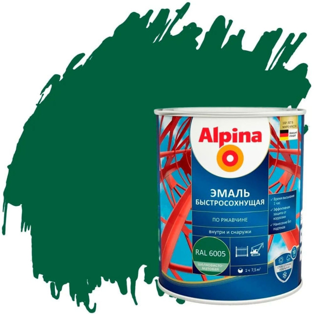 Грунт-эмаль Alpina быстросохнущая по ржавчине RAL 6005 зеленая 2 кг