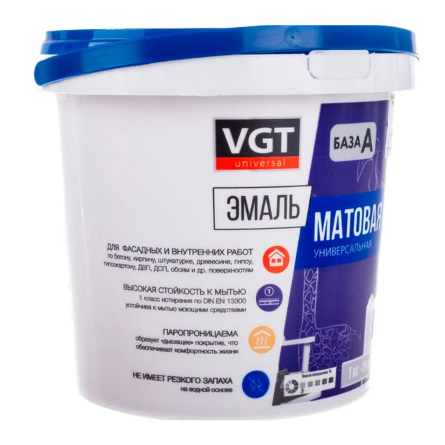 Эмаль VGT ВД-АК-1179 универсальная база А супербелая матовая 1.5 кг