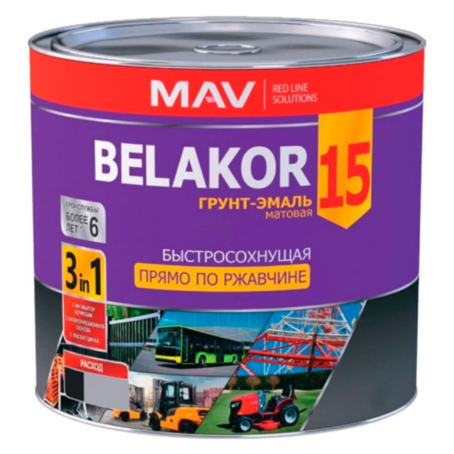 Грунт-эмаль MAV Belakor 15 прямо по ржавчине 3 в 1 быстросохнущая RAL 9004 черная матовая 2.4 л