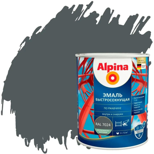 Грунт-эмаль Alpina быстросохнущая по ржавчине RAL 7024 графитовая 0.9 кг