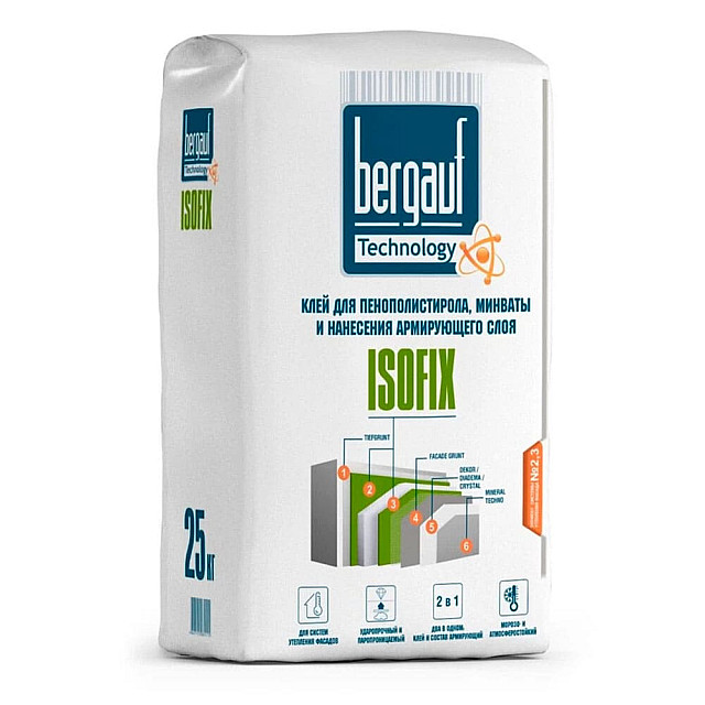 Клей Bergauf Isofix для пенополистирола минваты и нанесения армирующего слоя 25 кг
