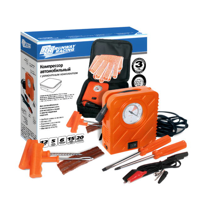 Компрессор автомобильный Runway Racing RR132 с ремонтным набором 12 В