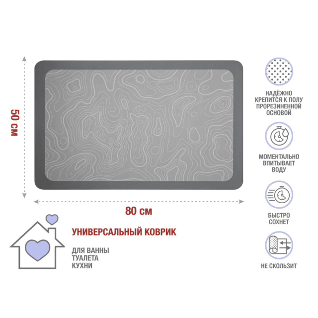 Коврик для ванной Perfecto Linea 22-508001 Diatomite grey abstract влаговпитывающий 50*80 см