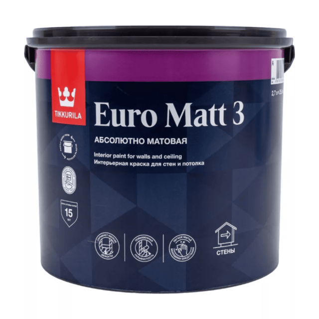Краска Tikkurila Euro Matt 3 База A для стен и потолков глубокоматовая 2.7 л