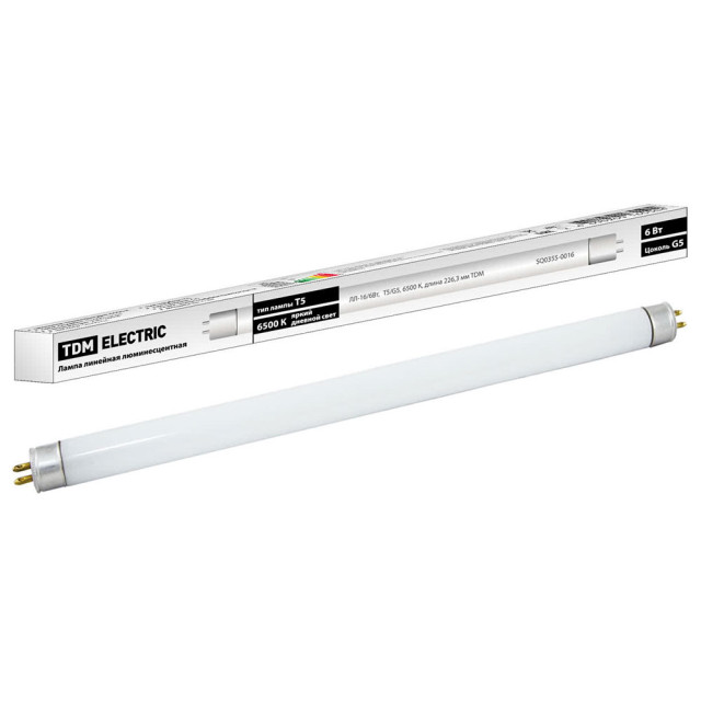 Лампа люминесцентная TDM Electric SQ0355-0016 ЛЛ-16/6 Вт T5/G5 6500 К линейная двухцокольная 226.3 мм