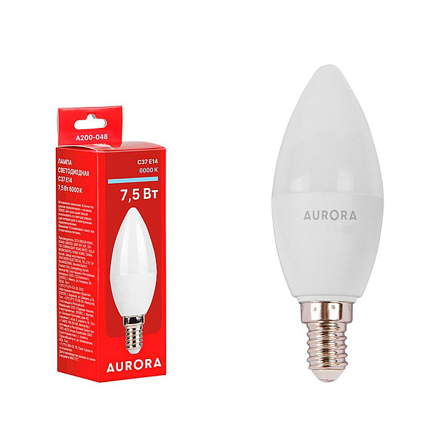 Лампа светодиодная Aurora A200-048 C37 Свеча 7.5Вт 230В E14 6000K