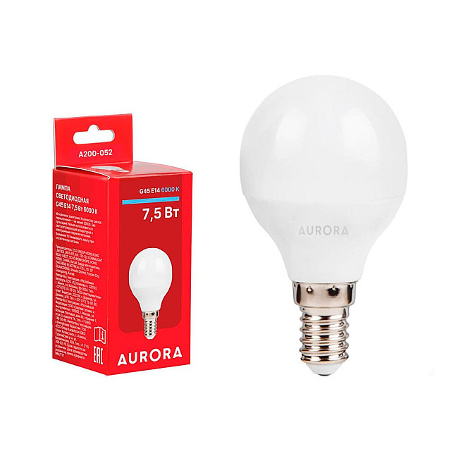Лампа светодиодная Aurora A200-052 G45 Шар 7.5Вт 230В E14 6000K