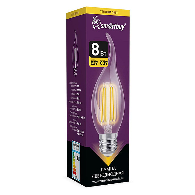 Лампа светодиодная SmartBuy SBL-C37FCan-8-30K-E27 LED FIL Cвеча на ветру