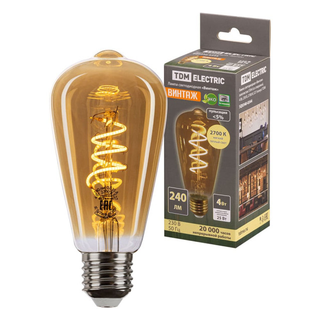 Лампа светодиодная TDM Electric Винтаж SQ0340-0344 золотистая ST64 со спиралью 4Вт 230В 2700К E27 конус