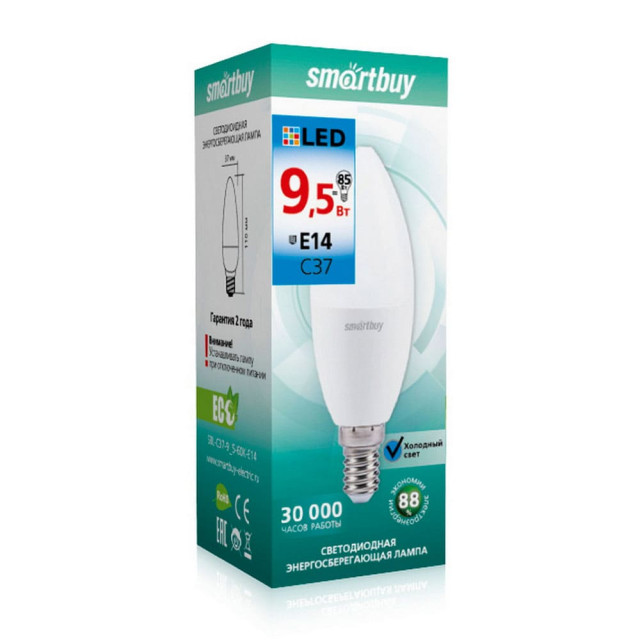 Лампа светодиодная SmartBuy SBL-C37-9_5-60K-E14 Led