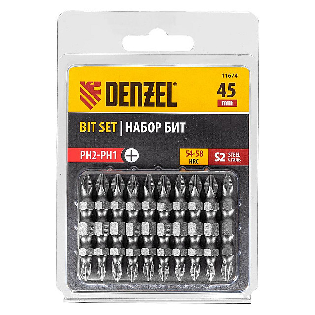 Бита двухсторонняя Denzel 11674 сталь S2 PH2-PH1*45 мм 10 шт