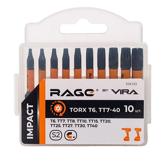 Биты RAGE by VIRA 54193 S2 торсионные TORX 6-40*50 мм 10 шт