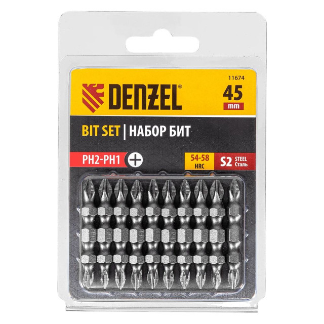 Бита двухсторонняя Denzel 11674 сталь S2 PH2-PH1*45 мм 10 шт