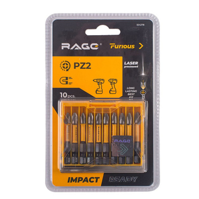 Биты RAGE Furious 554278 S2 торсионные PZ2*50 мм 10 шт