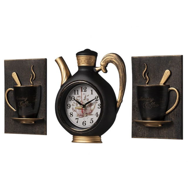 Часы настенные Рубин 2622+2-005 чайник черный с медью с чашками 26.5*53*6 см