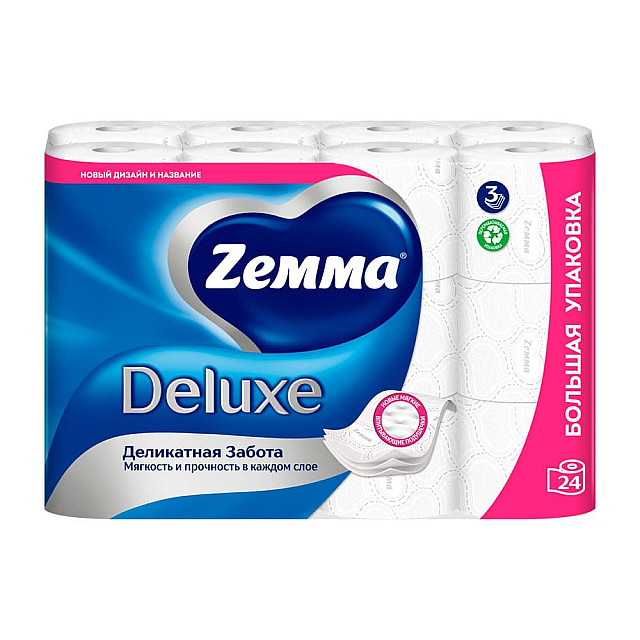 Бумага туалетная Zemma Deluxe Деликатная Забота 3 слоя 24 рулона