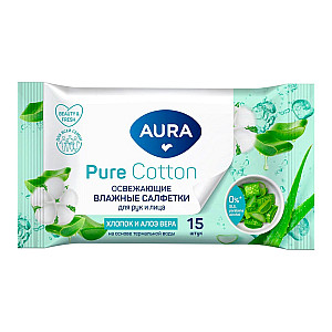 Салфетки влажные Aura Pure Cotton освежающие для всей семьи 15 шт