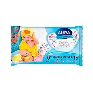 Салфетки влажные Aura Pure Cotton для детей с витамином Е и алоэ 0+ 15 шт