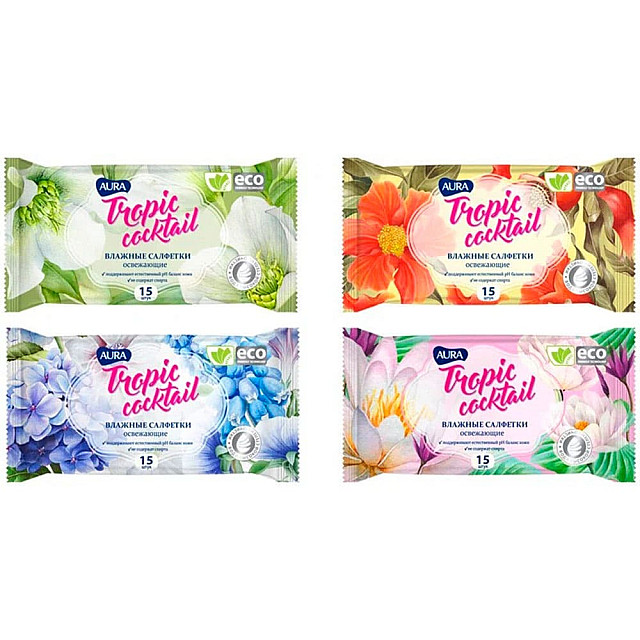 Салфетки влажные Aura Tropic cocktail освежающие 15 шт