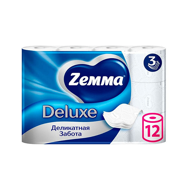 Бумага туалетная Zemma Deluxe Деликатная забота 3 слоя 12 рулонов