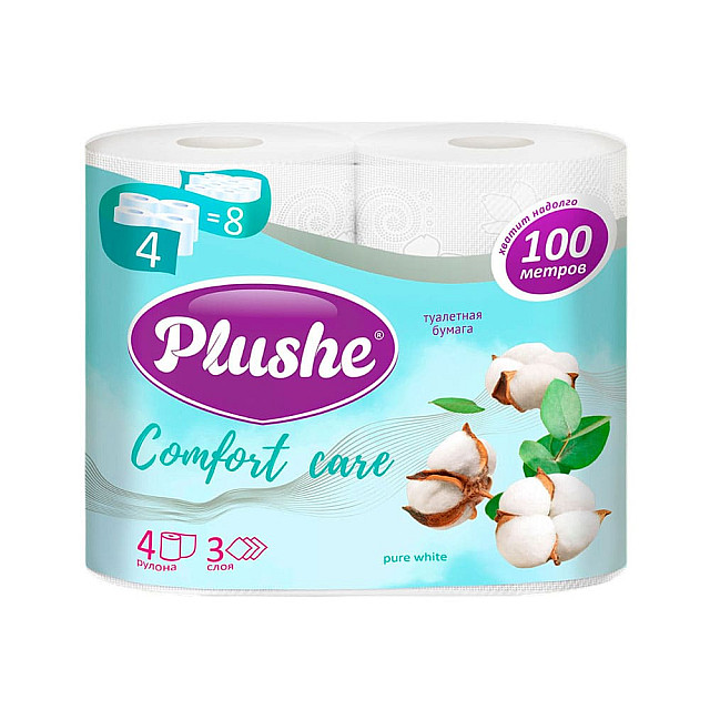 Бумага туалетная Plushe Comfort сare Pure White 3 слоя 25 м 4 рулона
