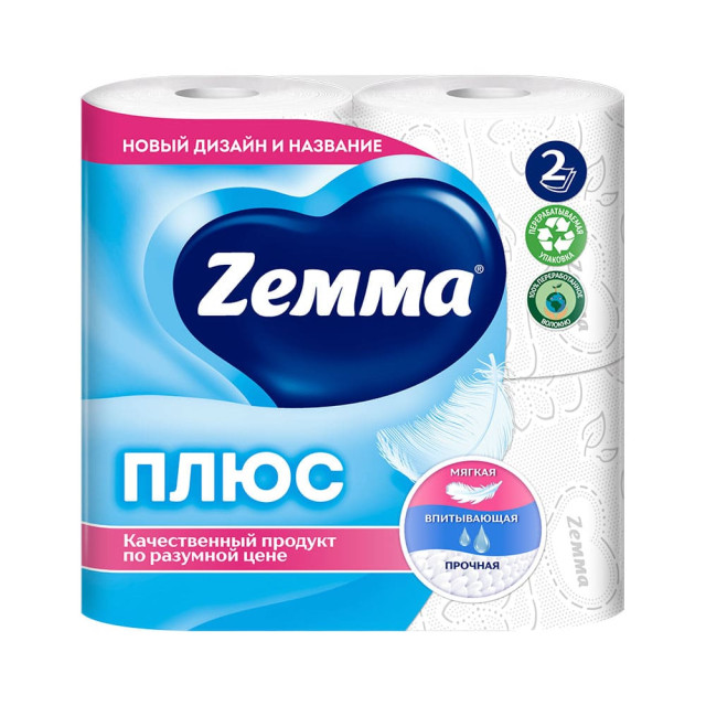 Бумага туалетная Zemma Плюс Белая неароматизированная 2 слоя 4 рулона