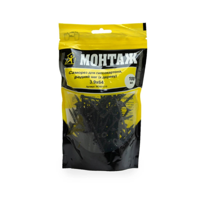 Саморез по гипсокартону 3.9*64 мм Монтаж MD001010 к дереву фосфат редкий шаг 100 шт