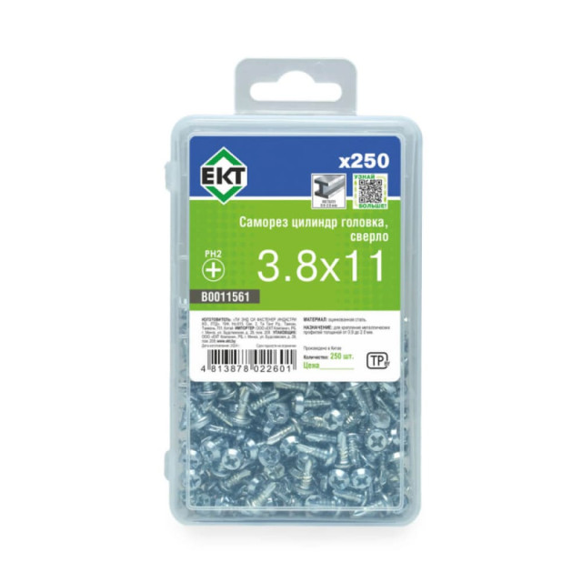 Саморез с цилиндрической коловкой 3.8*11 мм ЕКТ В0011561 цинк 250 шт